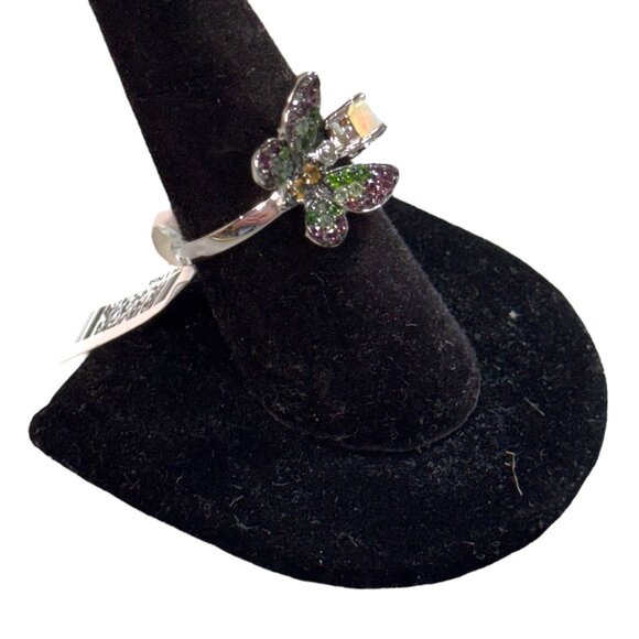 Butterfly Opal & Multicolor Rhinestone Gemstone Open Sterling Silver Ring Size 9 - Picture 7 of 10